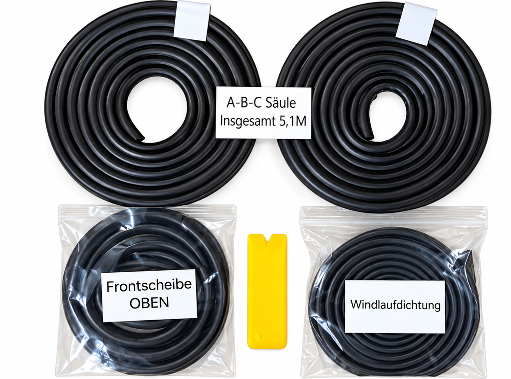 Vier Dichtungen für BMW E38 Normalversion: Regenrinne L+R, obere Frontscheibe und Windlauf