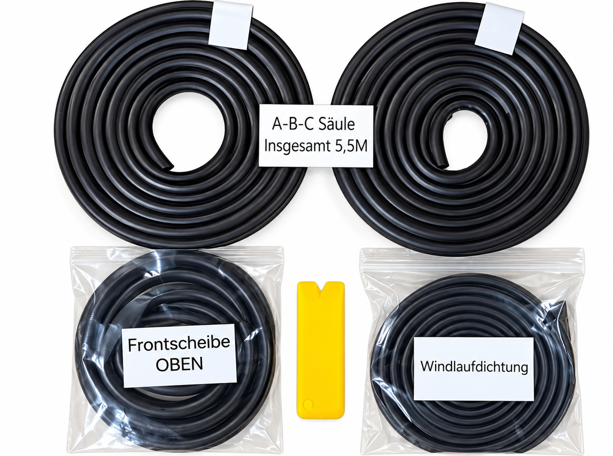 Vier Dichtungen für BMW E38 Langversion: Regenrinne L+R, obere Frontscheibe und Windlauf