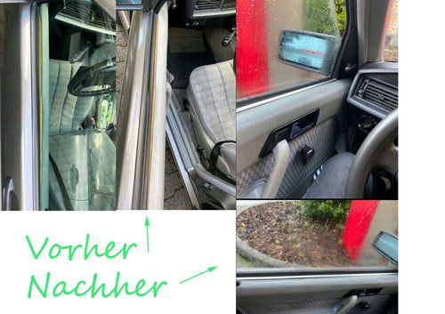 Vorher-Nachher-Vergleich beschädigter W201 Türverkleidungskanten mit Aluminium-Reparaturleisten